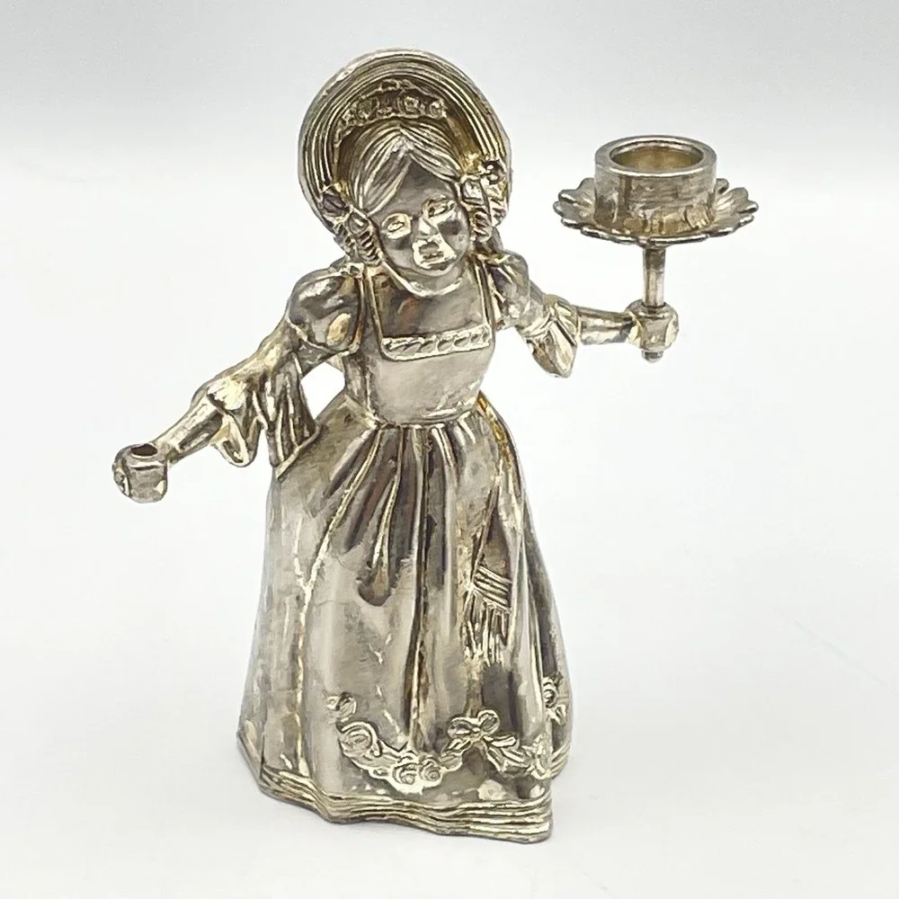 Vintage 1980s Silver Tone Victorian Lady Candle Holder Figurine 4